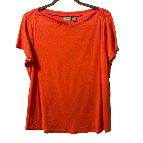 Chicos Orange Short-Sleeve Cotton Blend Top Size L Casual Lightweight Crew Neck - Picture 1 of 12